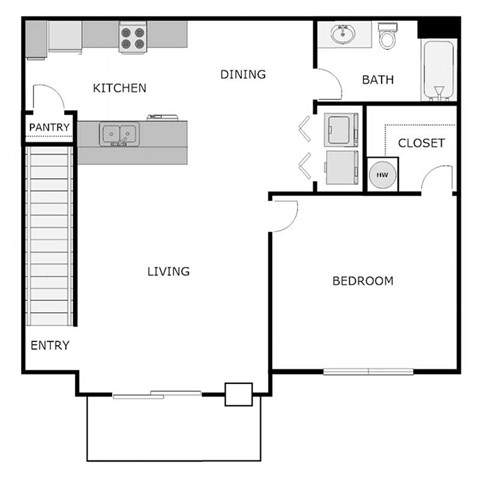 Floor plan for 1 bed, 1 bath, 775 sqft