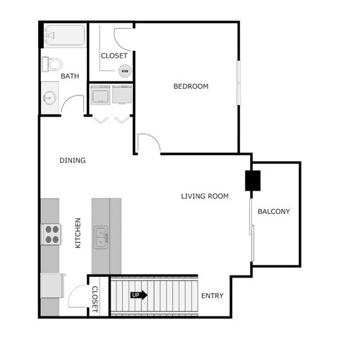 Floor plan for 1 bed, 1 bath, 749 sqft