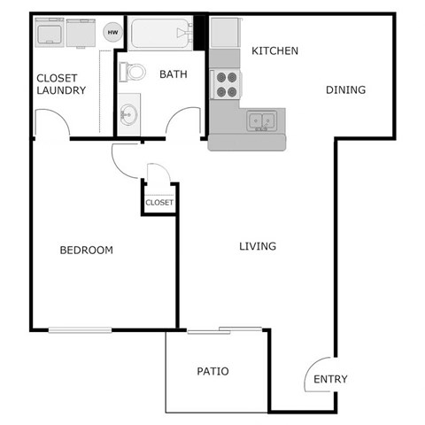 Floor plan for 1 bed, 1 bath, 750 sqft