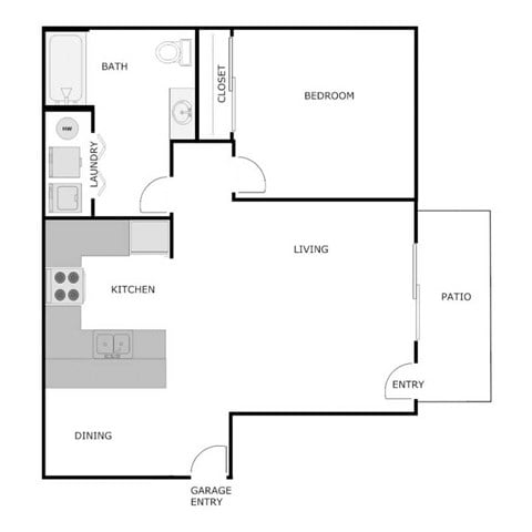 Floor plan for 1 bed, 1 bath, 760 sqft
