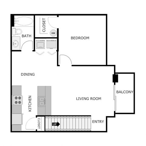 Floor plan for 1 bed, 1 bath, 722 sqft