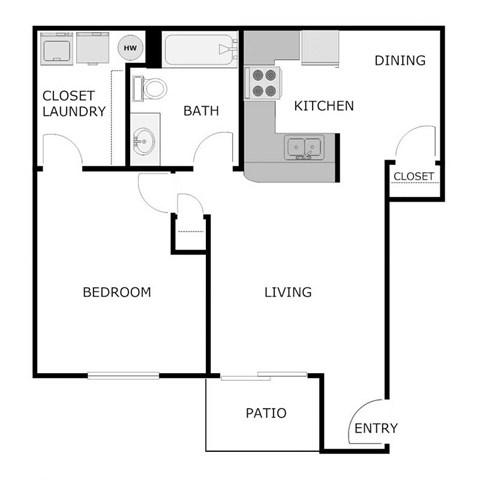 Floor plan for 1 bed, 1 bath, 724 sqft