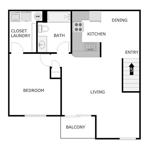 Floor plan for 1 bed, 1 bath, 728 sqft