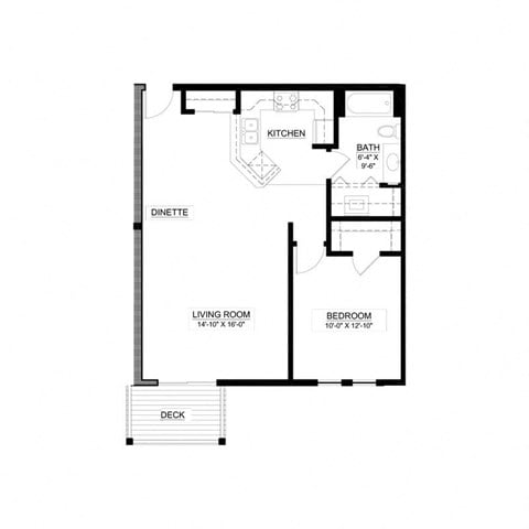 Floor plan for 1 bed, 1 bath, 840 sqft