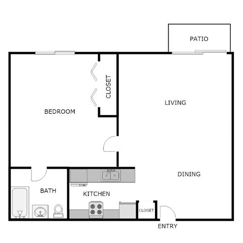 Floor plan for 1 bed, 1 bath, 650 sqft