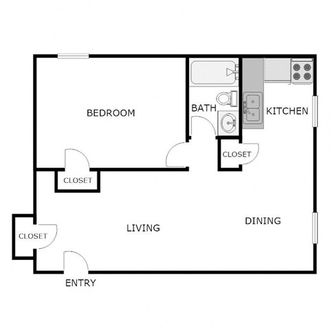 Floor plan for 1 bed, 1 bath, 600 sqft