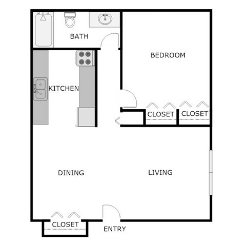 Floor plan for 1 bed, 1 bath, 600 sqft