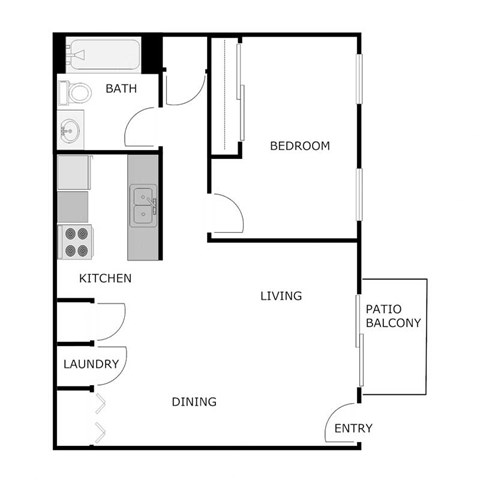Floor plan for 1 bed, 1 bath, 682 sqft
