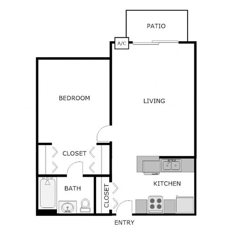 Floor plan for 1 bed, 1 bath, 600 sqft