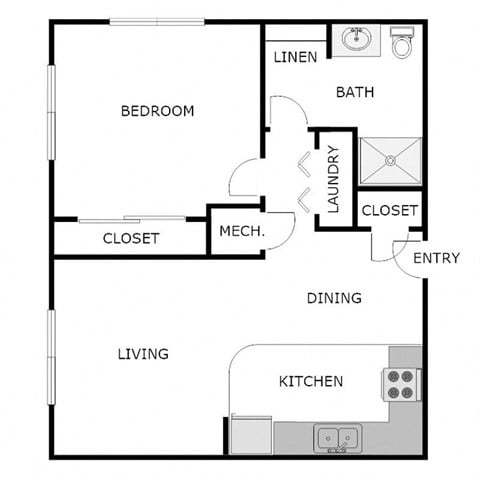 Floor plan for 1 bed, 1 bath, 650 sqft