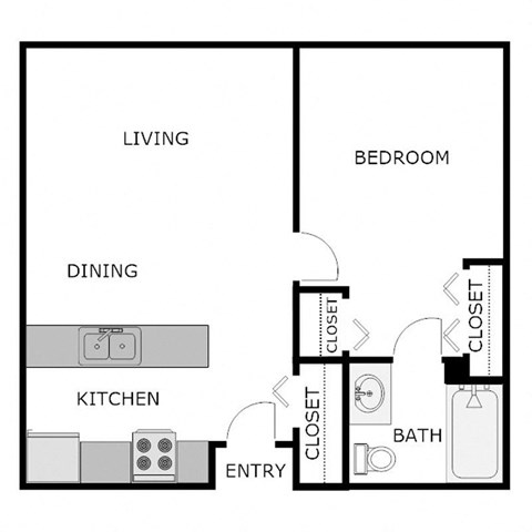 Floor plan for 1 bed, 1 bath, 612 sqft