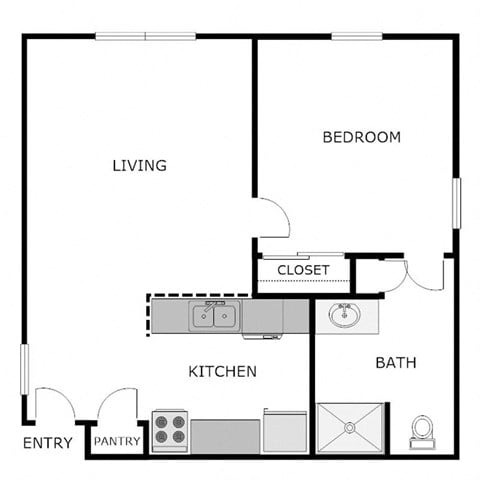 Floor plan for 1 bed, 1 bath, 645 sqft