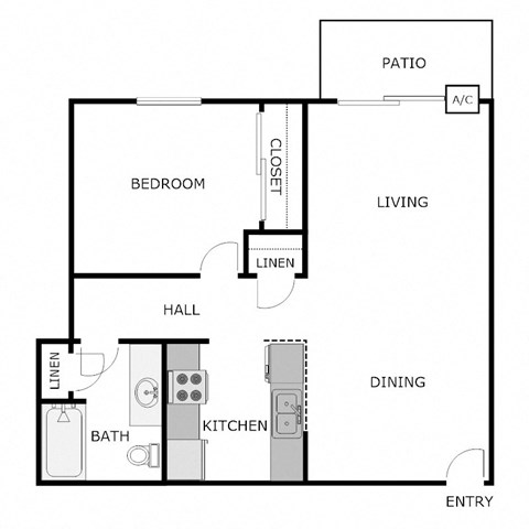 Floor plan for 1 bed, 1 bath, 636 sqft
