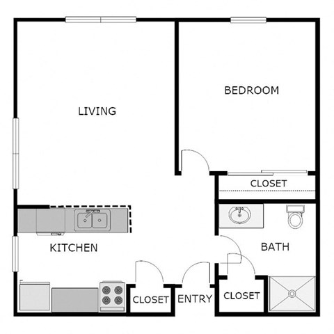 Floor plan for 1 bed, 1 bath, 645 sqft