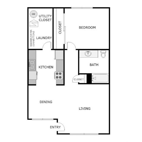Floor plan for 1 bed, 1 bath, 681 sqft