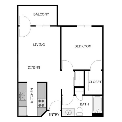 Floor plan for 1 bed, 1 bath, 688 sqft