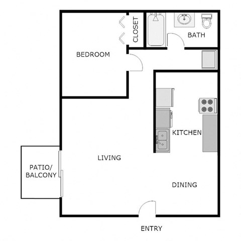 Floor plan for 1 bed, 1 bath, 689 sqft