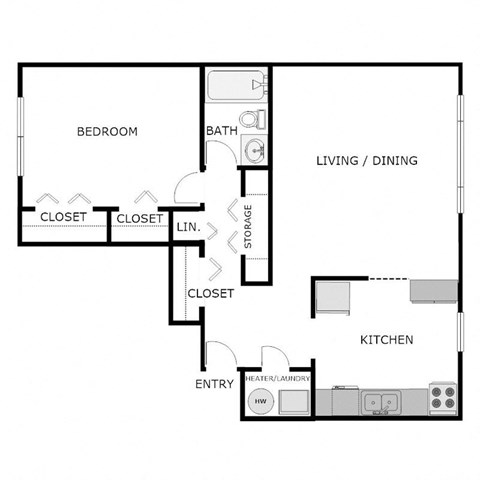 Floor plan for 1 bed, 1 bath, 690 sqft