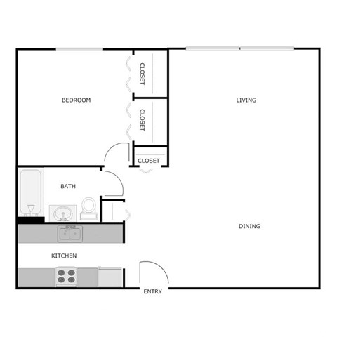 Floor plan for 1 bed, 1 bath, 700 sqft