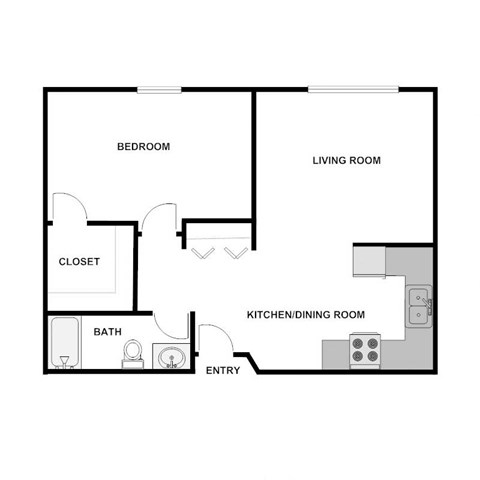Floor plan for 1 bed, 1 bath, 700 sqft