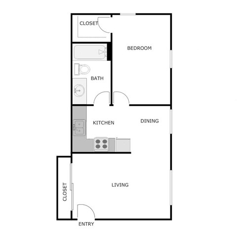 Floor plan for 1 bed, 1 bath, 700 sqft