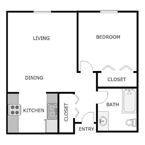 Floor plan for 1 bed, 1 bath, 700 sqft