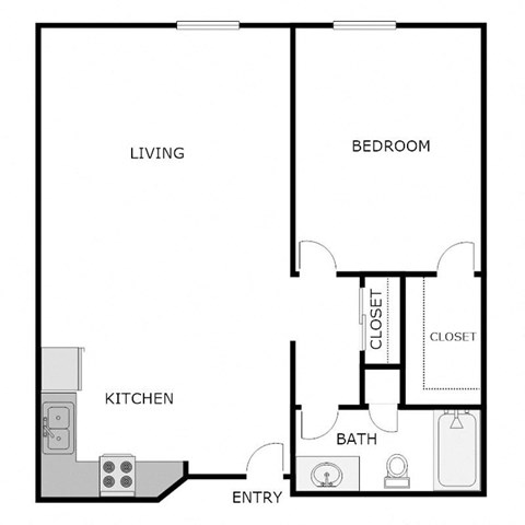 Floor plan for 1 bed, 1 bath, 713 sqft