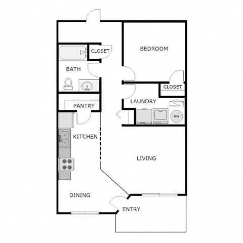 Floor plan for 1 bed, 1 bath, 750 sqft
