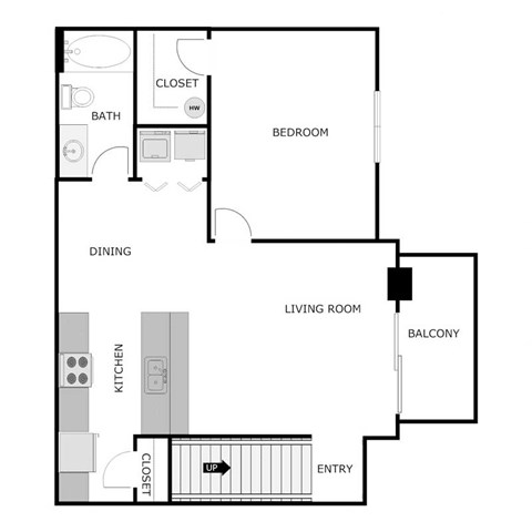 Floor plan for 1 bed, 1 bath, 772 sqft
