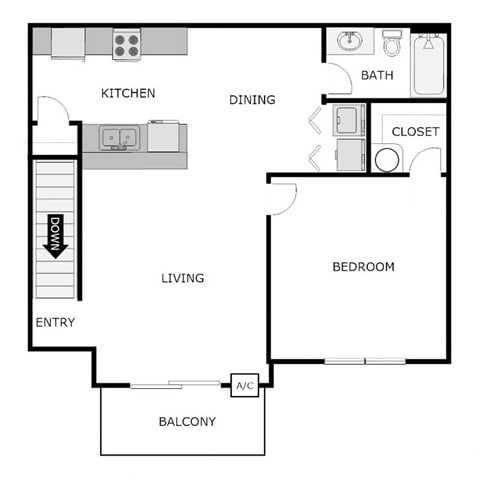 Floor plan for 1 bed, 1 bath, 775 sqft