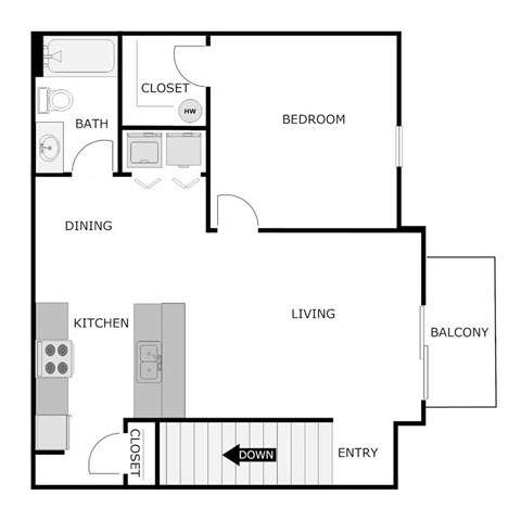 Floor plan for 1 bed, 1 bath, 772 sqft