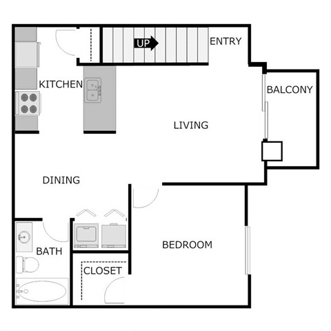 Floor plan for 1 bed, 1 bath, 775 sqft