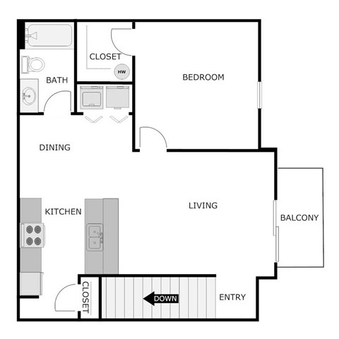Floor plan for 1 bed, 1 bath, 775 sqft