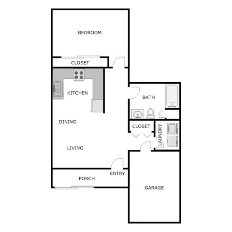 Floor plan for 1 bed, 1 bath, 792 sqft