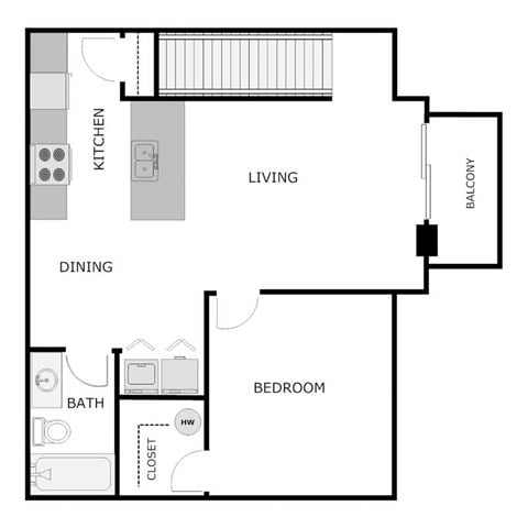 Floor plan for 1 bed, 1 bath, 800 sqft