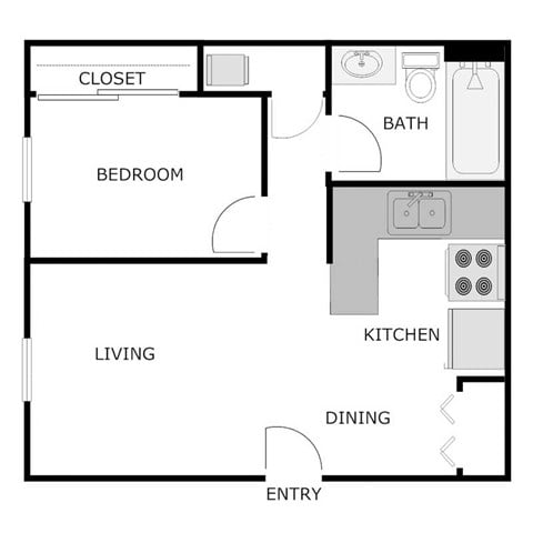 Floor plan for 1 bed, 1 bath, 800 sqft