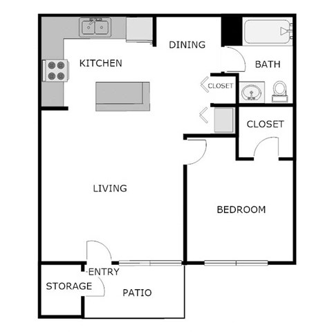 Floor plan for 1 bed, 1 bath, 750 sqft