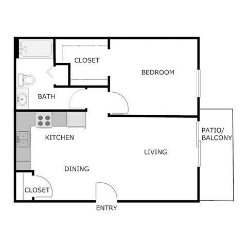 Floor plan for 1 bed, 1 bath, 840 sqft