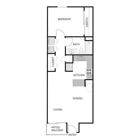 Floor plan for 1 bed, 1 bath, 845 sqft
