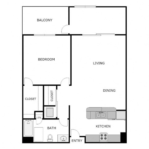 Floor plan for 1 bed, 1 bath, 885 sqft