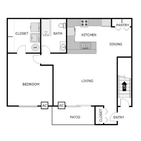 Floor plan for 1 bed, 1 bath, 918 sqft