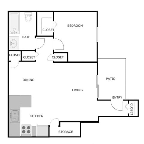 Floor plan for 1 bed, 1 bath, 750 sqft