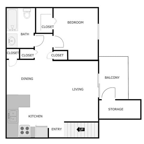 Floor plan for 1 bed, 1 bath, 750 sqft