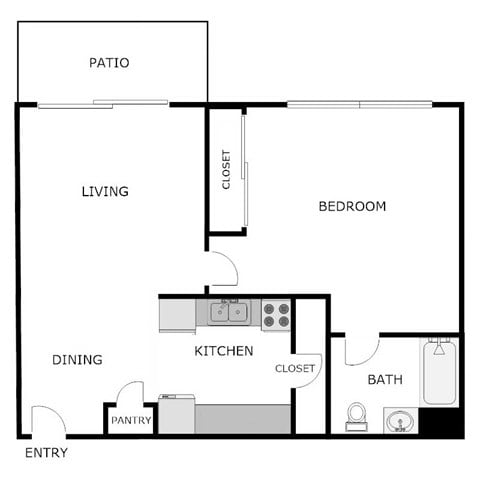 Floor plan for 1 bed, 1 bath, 572 sqft