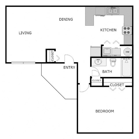 Floor plan for 1 bed, 1 bath, 731 sqft