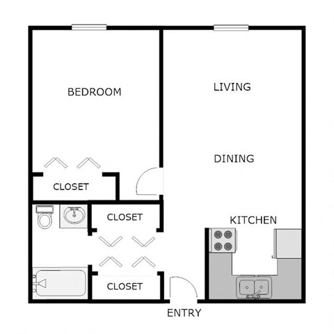Floor plan for 1 bed, 1 bath, 675 sqft