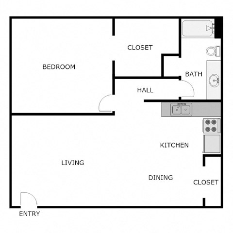 Floor plan for 1 bed, 1 bath, 675 sqft