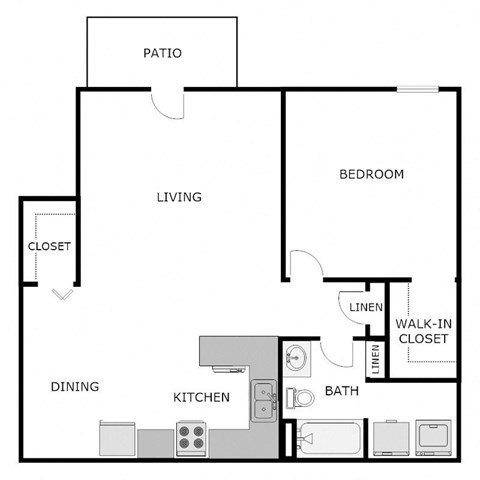 Floor plan for 1 bed, 1 bath, 750 sqft