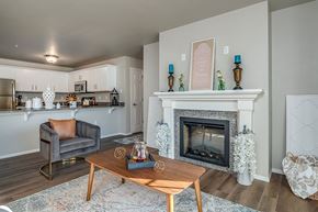 Saukville apartment for rent - A living room with a fireplace and a grey couch.