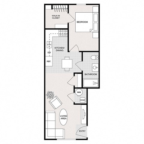 Floor plan for 1 bed, 1 bath, 628 sqft